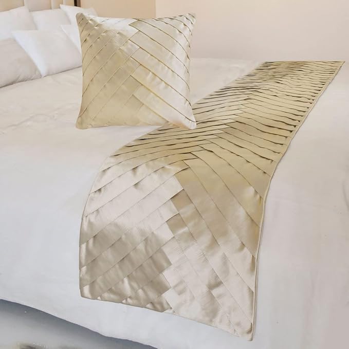 The HomeCentric King/Queen/Twin Ivory Designer Full 68"x18" Bed Runner with 2 Pillow Cover, Pintucks, Textured & Satin Bed Scarf on Satin Fabric - Glazed Satin