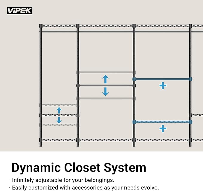 VIPEK V1 Plus Heavy Duty Clothes Rack with Shelves - 4 Tiers Adjustable Height | Holds Up to 540lbs | Perfect for Small Spaces, Apartments | Compact Design for Flexible Storage, Black