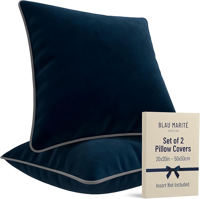 2 Pack Velvet Decorative Throw Pillow Covers, 20"x20", Navy Blue and Grey, Solid, Modern, Contrast Piping, Indoor Use, Bedroom & Living Room