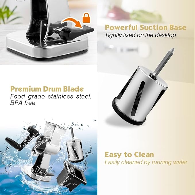LHS Stainless Steel Rotary Cheese Grater with 3 Interchangeable Drum Blades