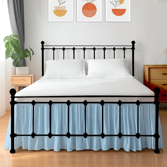 Shreem Linen Ruffled Bed Skirt with Split Corners, Gathered Style, 100% Microfiber, 18-Inch Drop, Dust Ruffle Bedskirt with Platform, Cal-King, Light Blue