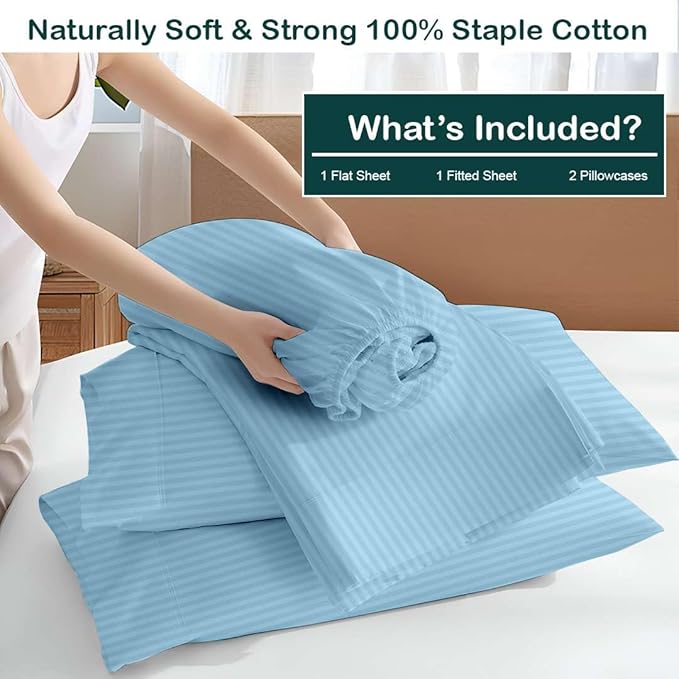 NON Sticky cotton Twin Size Sleeper Sofa Sheets, 4 Piece Egyptian Cotton Bed Sheet Set for Sofa Bed, 7" Deep Pocket for Pull Out Couch Mattress, 39" x 75", Light Blue Stripe, Soft & Breathable