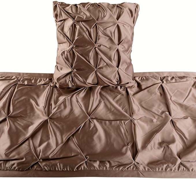 The HomeCentric Beige Bed Runner, Queen Size 74"x18" Decorative Bed Runner with Matching Pillow Cover, Beige Satin Bed Scarf in Pintucks - Satin Ballet Swirl
