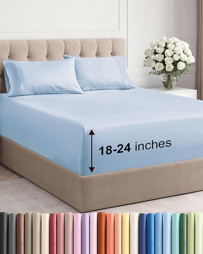 Extra Deep Pocket Queen Sheet Set - 4 Piece Breathable & Cooling Bed Sheets - Hotel Luxury Sheet Set - Soft, Wrinkle Free and Comfy - Easily Fits Extra Deep Mattresses - Deep Pocket Sky Blue Sheets