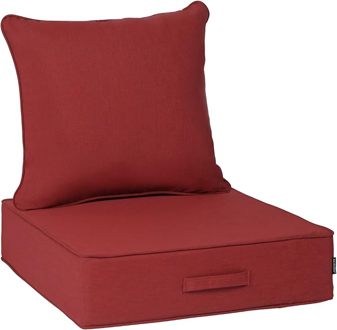 Outdoor 24''x 24''x 6'' Olefin Water-Resistant Deep Seat Cushion Set, Weather and Fade Resistant Patio Furniture Seat Cushion, Thickened Sofa Chair Pad with Straps for Lawn, Garden, Red