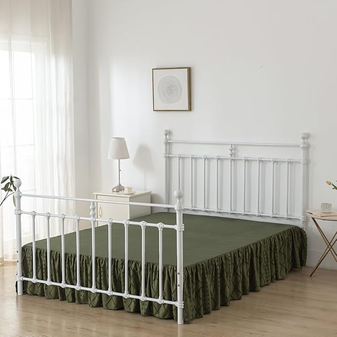 Bed Skirt Full Size Ruffled Bed Skirt with Split Corners, 14 Inch Drop Dust Ruffle Bed Skirts with Platform, Boho Tufted Shabby Chic Full Size Bed Skirts, Olive Green