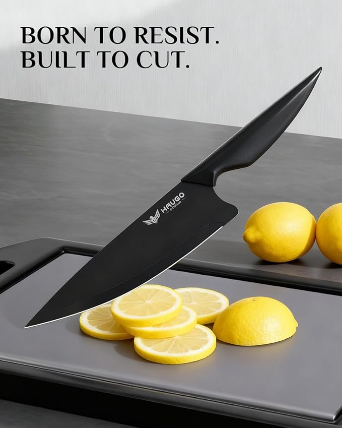 Haugo Kitchen Knife Set with Block: 15-Piece High Carbon Stainless Steel Professional Knives - Dishwasher Safe with Sharpener - Comfortable Grip Reduces Hand Fatigue 30% - Black