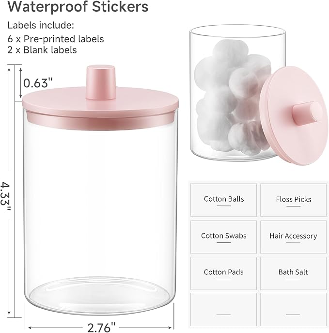 TIPGO Glass Qtip Holder Dispenser for Bathroom - 10 oz Clear Canister Apothecary Jar for Cotton Swabs, Balls, Pads, Floss Picks, Small Containers for Makeup Storage Organizer (2 Pack, Pink)