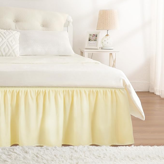 RIMELA Light Yellow Bed Skirt Twin Size 15 Inch Drop, Elastic Bed Skirting for Bed Base and Frame, Bedding Dust Ruffle Easy to Install, Lightweight Wrap Around Adjustable Bedskirt