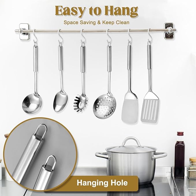 Kitchen Utensils Set, 10 PCS Stainless Steel Utensils Set for Cooking, Heat Resistant Spatula Cooking Utensils Set with Turners, Serving Spoon, Ladle, Skimmer, Pasta Fork