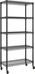 Golpart 5 Tier Shelves Storage Shelf Wire Closet Bathroom Organizers Metal Pantry Kitchen Garage Shelving Unit Laundry Room Organization Home Rack Net Basket Black with Wheels 14”D X 30”W X 70”H