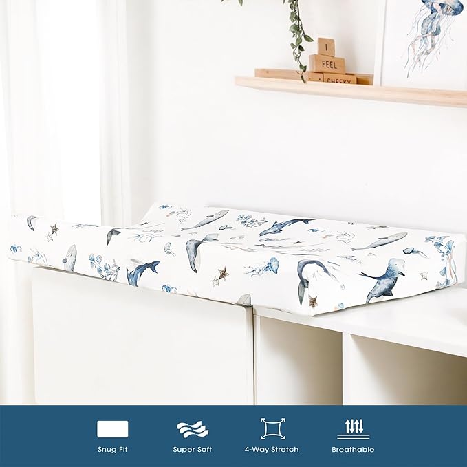 GRSSDER Stretch Ultra Soft Jersey Knit Changing Pad Cover Set 2 Pack, Change Table Pad Covers Fit 32"/34" x 16" Pads Safe and Snug, Sea Fish Print for Girls and Boys