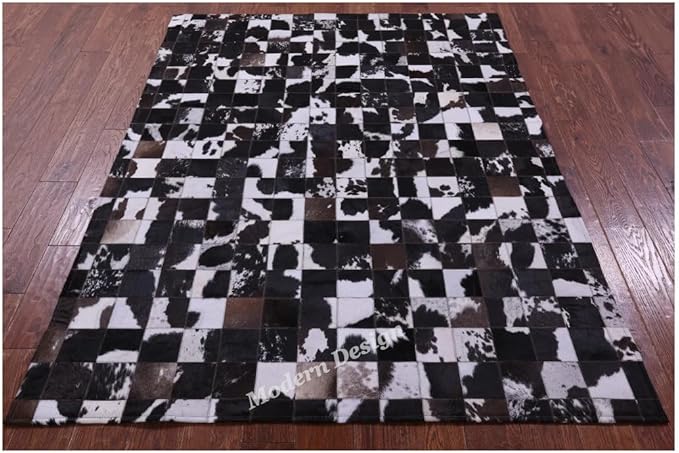 Modern Design Premium Cowhide Leather Carpet with Chevron Pattern, Area Rug (Brown/White-2, 3x5)