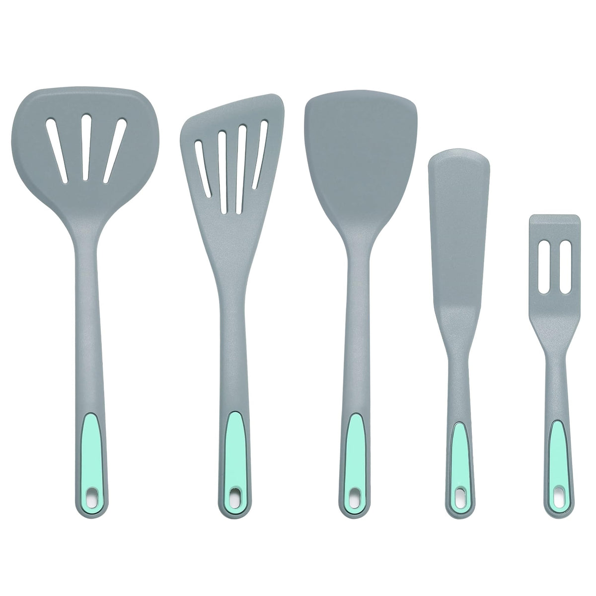 To encounter 5 Pieces Silicone Spatula Set, Non-Stick Silicone Turner Spatulas, Heat Resistance Cooking Utensils, Flip Turner for Fish, Egg, Pancake,Dishwasher Safe, Light Grey