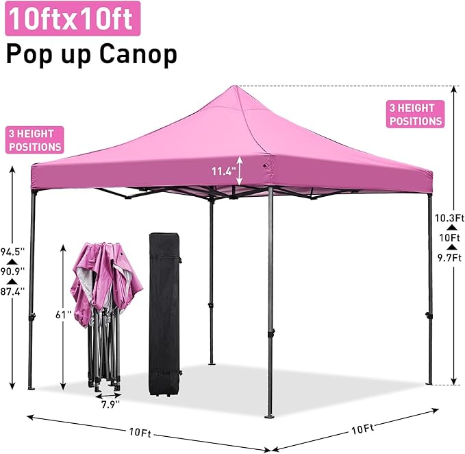 GDY 10x10 Ft Steeple Outdoor Pop Up Canopy Tent, Commercial Portable Instant Folding Gazebos, Patio Canopies with Wheel Bag, Pink.