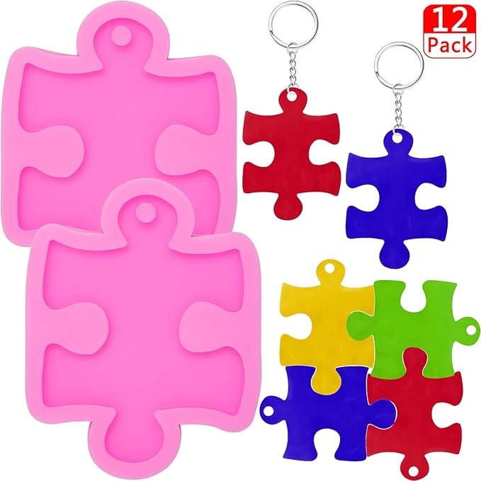 WILLBOND 2 Pcs Puzzle Silicone Mold with 10 Key Rings, Keychain Mold