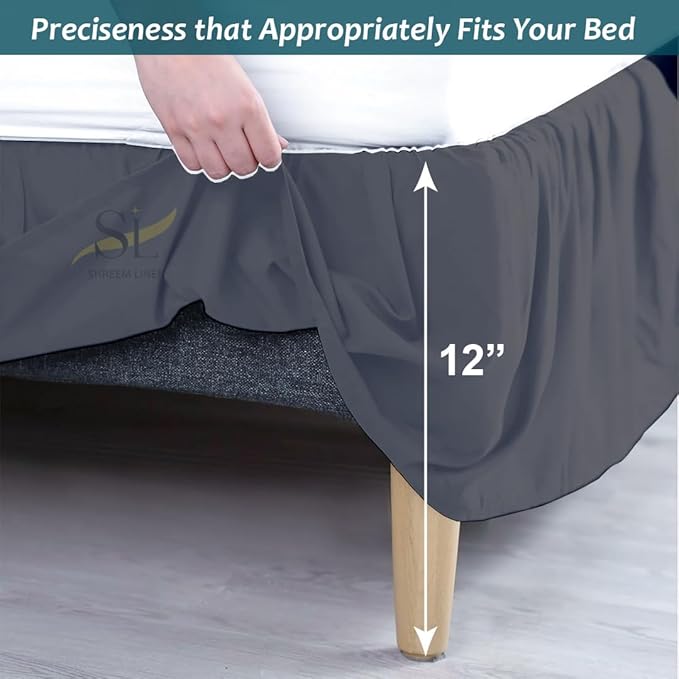 Shreem Linen Ruffled Bed Skirt with Split Corners, Gathered Style, 100% Microfiber, 12-Inch Drop, Dust Ruffle Bedskirt with Platform, Twin-XL, Dark Grey