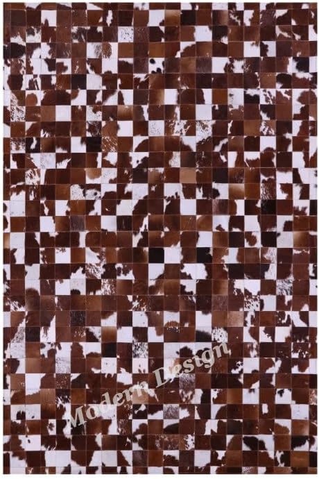 Modern Design Premium Cowhide Leather Carpet with Chevron Pattern, Area Rug (Brwon/White, 8x10)