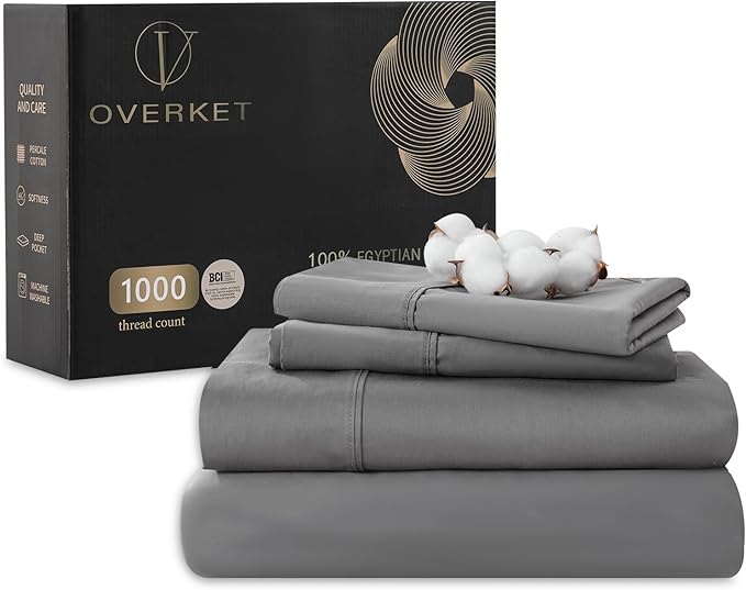 100% Egyptian Cotton Sheets Cal King Sheet Set 1000 Thread Count Sateen Weave Soft Breathable 16-Inch Deep Pocket 4PCS（California King,Dark Grey）