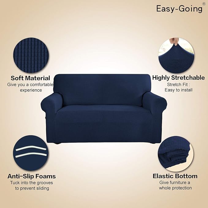 Easy-Going Stretch Sofa Slipcover 1-Piece Sofa Cover Furniture Protector Couch Soft with Elastic Bottom for Kids, Polyester Spandex Jacquard Fabric Small Checks (Sofa, Navy)
