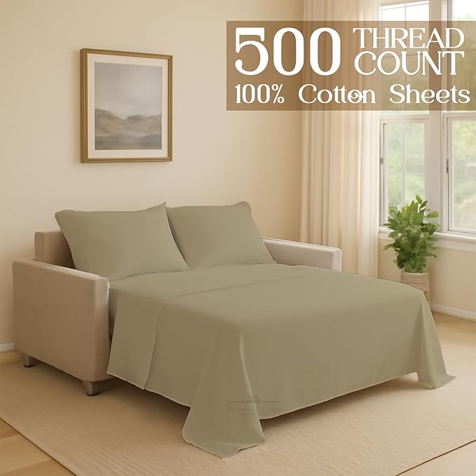 Sleeper Sofa 4 Piece Bed Sheet Set Premium Quality 100% Cotton 500 Thread Count, Smooth & Super Soft Sateen Weave, Extra Soft Bed Sheets, Wrinkle Free, 6 Inch Deep Pocket (Queen, Beige)