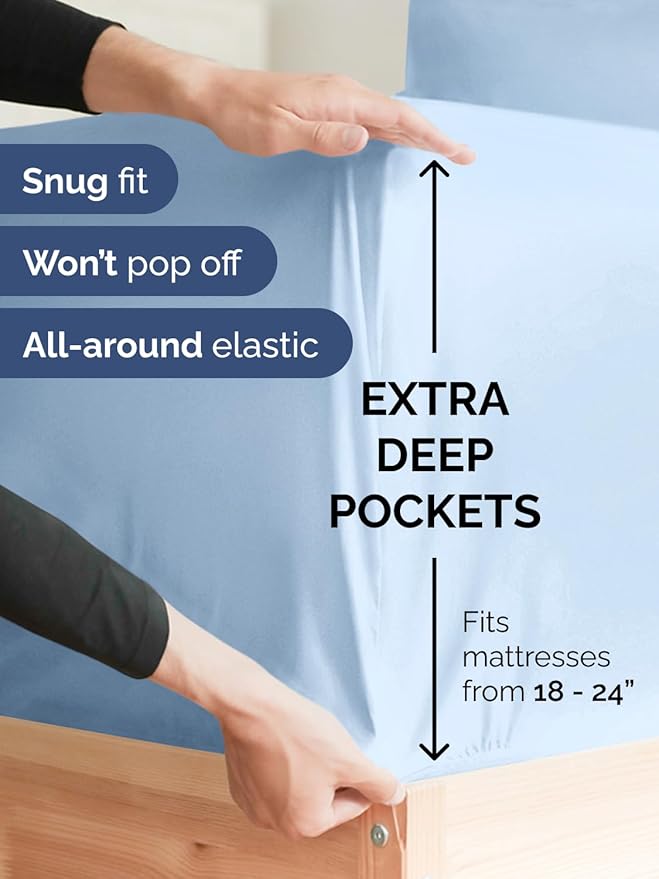 Extra Deep Cal King Fitted Sheet - Hotel Luxury Single Fitted Sheet Only - Easily Fits 18 inch to 24 inch Mattress - Ultra Soft, Wrinkle Free with Extra Deep Pockets - Breathable & Comfy - Light Blue