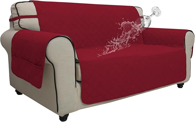 Easy-Going Waterproof Oversized Loveseat Covers Leakproof Couch Cover for 2 Cushion Couch Sofa Cover Washable Sofa Slipcover Non-Slip Furniture Protector with Pocket for Pet(Medium-XL, Christmas Red)