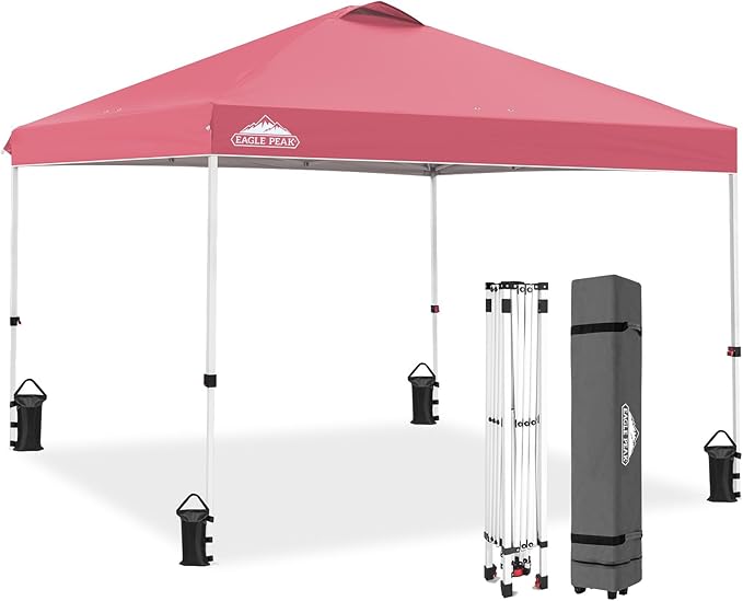 EAGLE PEAK Pop Up Canopy Tent with Wheeled Carry Bag, 8 Stakes, 4 Ropes, 4 Weight Bags, Easy Set Up Tent Canopy, 10x10 ft, 100sqft of Shade, Peach Pink