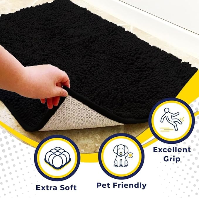 Muddy Mat® AS-SEEN-ON-TV Highly Absorbent Microfiber Door Mat and Pet Rug, Non Slip Thick Washable Area and Bath Mat Soft Chenille for Kitchen Bathroom Bedroom Indoor and Outdoor - Black 6ft x 9ft
