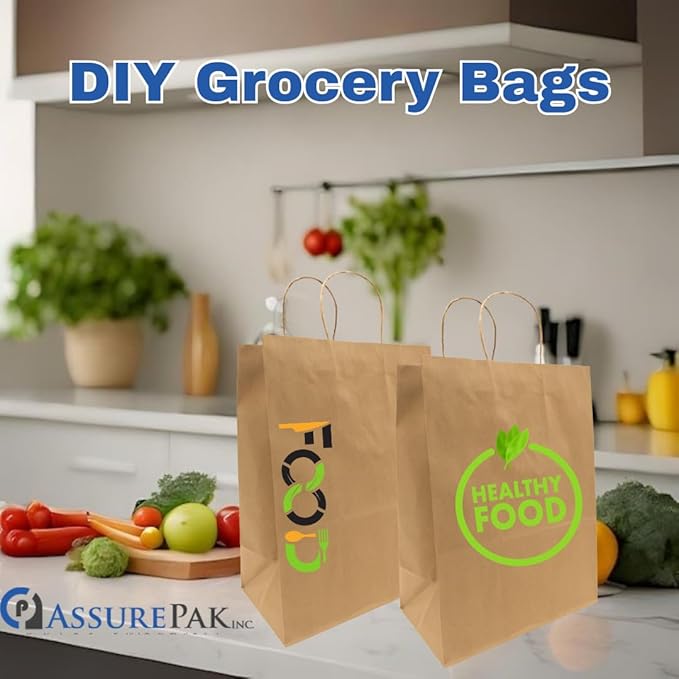 ASSUREPAK Kraft DIY Paper Bags, 12" x 9" x 16", 110 GSM, 100 Count