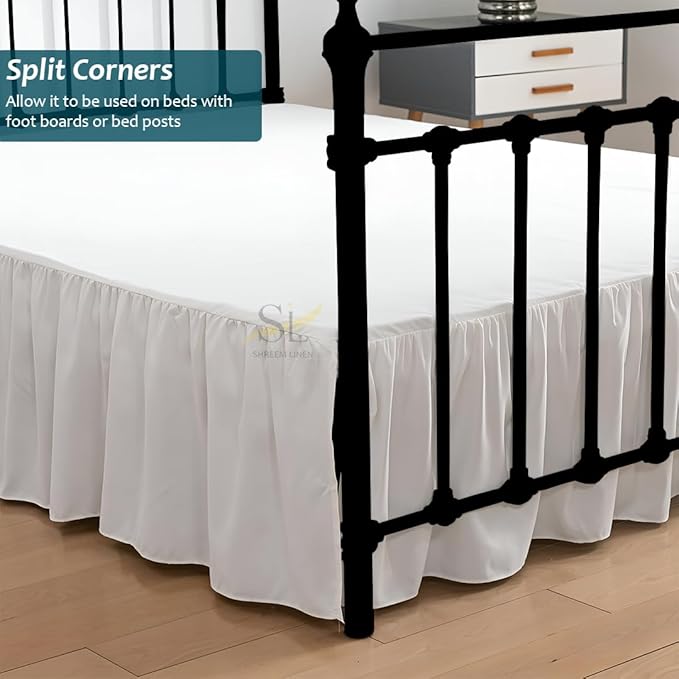 Shreem Linen Ruffled Bed Skirt with Split Corners, Gathered Style, 100% Microfiber, 18-Inch Drop, Dust Ruffle Bedskirt with Platform, King, White