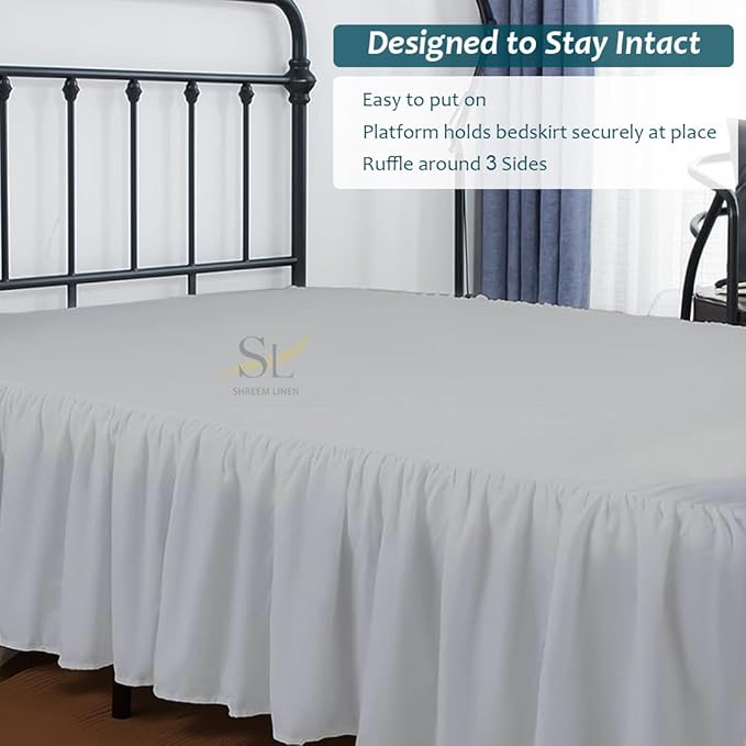 Shreem Linen Ruffled Bed Skirt with Split Corners, Gathered Style, 100% Microfiber, 24-Inch Drop, Dust Ruffle Bedskirt with Platform, King, Light Grey