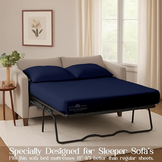 Sleeper Sofa 4 Piece Bed Sheet Set Premium Quality 100% Cotton 500 Thread Count, Smooth & Super Soft Sateen Weave, Extra Soft Bed Sheets, Wrinkle Free, 8 Inch Deep Pocket (Full, Navy)