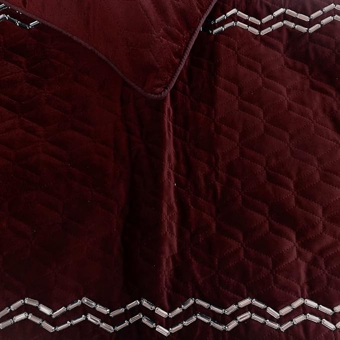 The HomeCentric King Queen Twin Deep Wine Handmade CA King 86"x18" Bed Runner Without Pillow Cover, Quilted & Crystals Bed Scarf on Velvet Fabric - Diamond Symphony