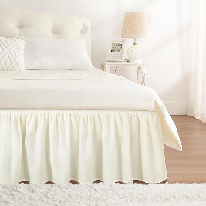 RIMELA Queen Bed Skirt 14 Inch Drop Cream, Wrap Around Elastic Bed Skirts Queen Size Dust Ruffle, Bedskirt for Adjustable Bed Base Solid Silky Fabric Machine Washable Easy to Install