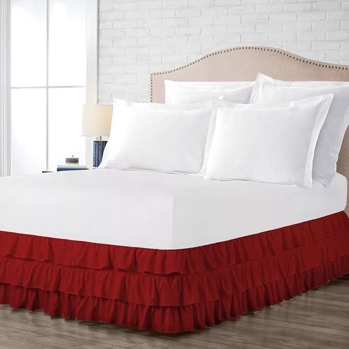 Multi-Ruffle Bed Skirt, Soft Multi Elastic Dust Ruffles with Wrap Around Bed Skirt Easy Fit with 18 Inch Drop 100% Cotton 800 Thread Count (Twin XXL, Burgundy)