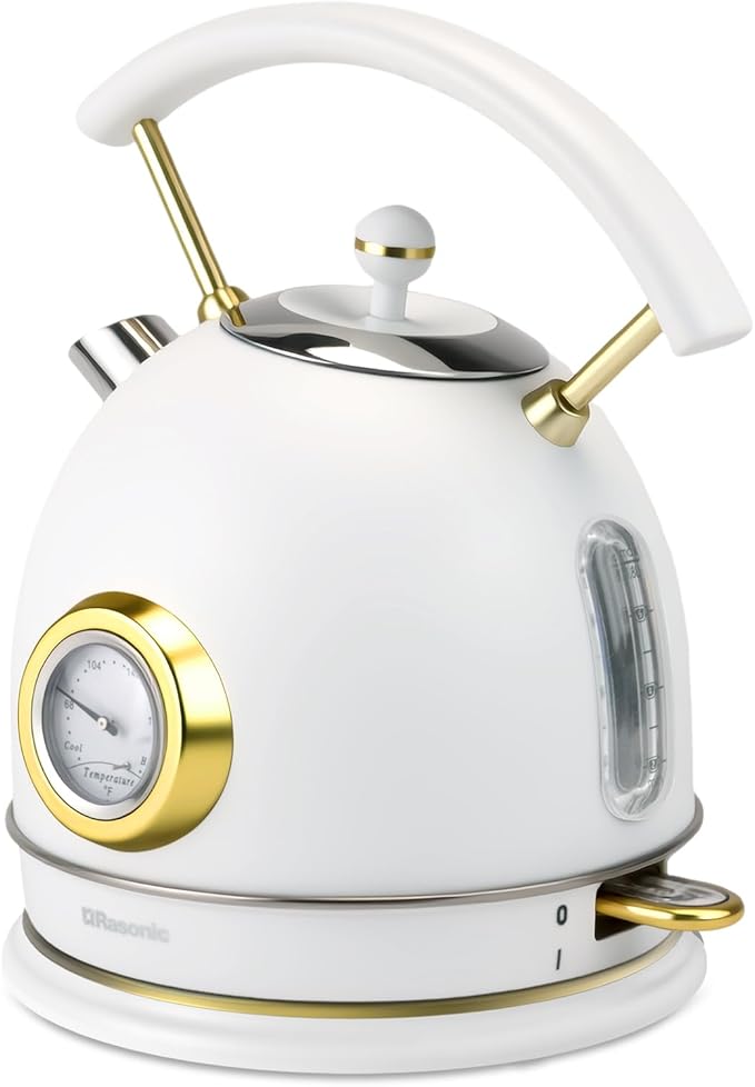 Rasonic Retro Electric Kettle Stainless Steel, 1.8L Tea Water Boiler, 1500W Fast Quiet Boil, Temperature Gauge, Auto Shut-Off, Boil-Dry Protection, White Champagne Gold