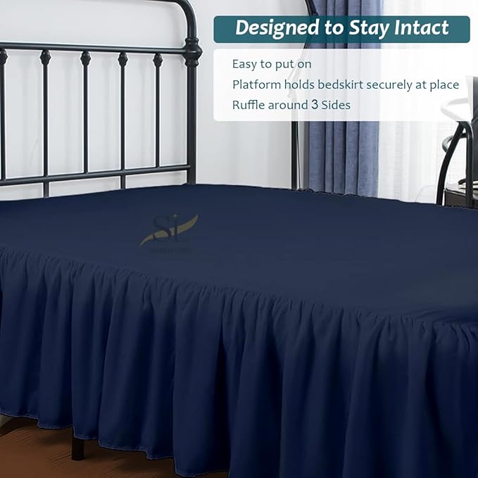 Shreem Linen Ruffled Bed Skirt with Split Corners, Gathered Style, 100% Microfiber, 30-Inch Drop, Dust Ruffle Bedskirt with Platform, Twin-XXL, Navy Blue