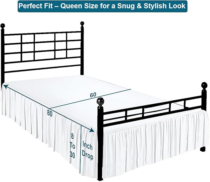 Shreem Linen Ruffled Bed Skirt with Split Corners, Gathered Style, 100% Microfiber, 30-Inch Drop, Dust Ruffle Bedskirt with Platform, Queen, White