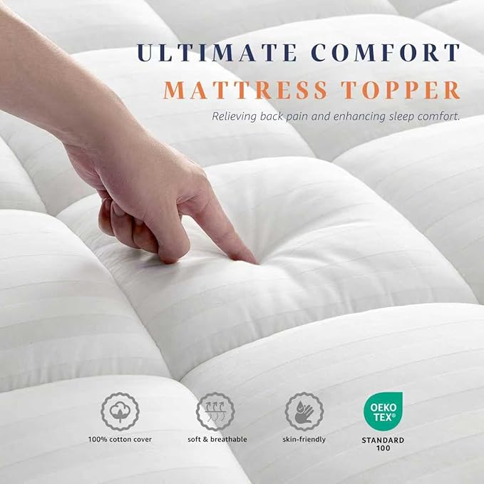 Cooling Breathable Twin Size Thick Mattress Topper, Premium Cotton Mattress Pad for Kids, Machine Washable (39 x 75 Inches, White)