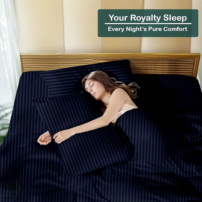 NON Sticky cotton Queen Size Sleeper Sofa Sheets, 4 Piece Egyptian Cotton Bed Sheet Set for Sofa Bed, 10" Deep Pocket for Pull Out Couch Mattress, 60" x 75", Navy Blue Stripe, Soft & Breathable