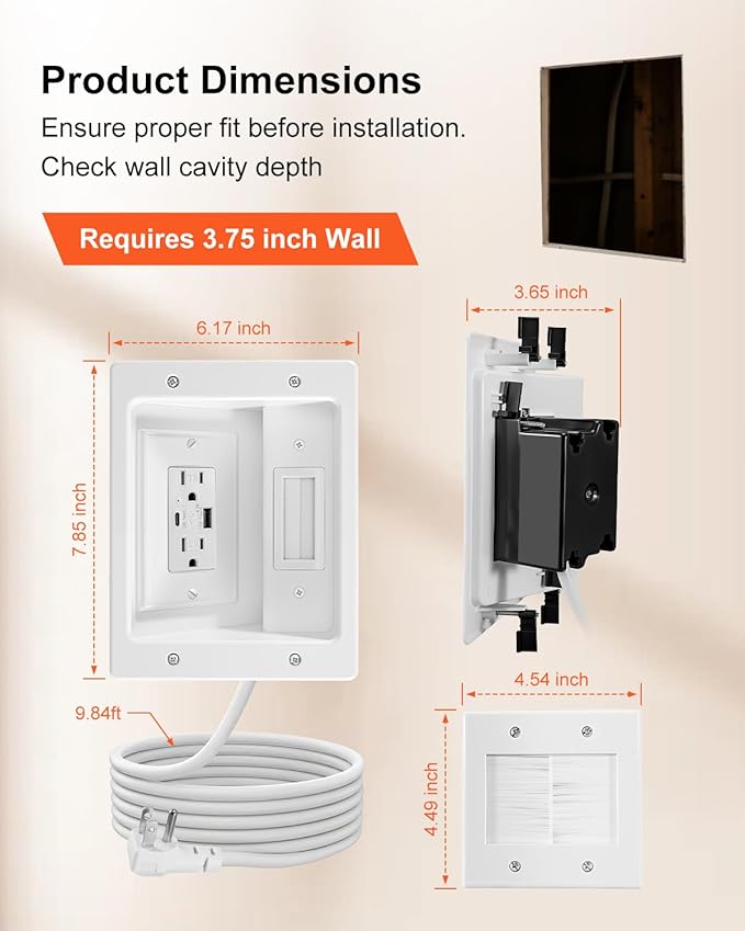 TV Cord Hider for Wall Mounted TV with Recessed Wall Outlet, in-Wall Cable Management Kit with 9.84ft Cord, DIY Installation Kit with Hardware, for Workspace Living Room (2AC + USB-A + USB C)
