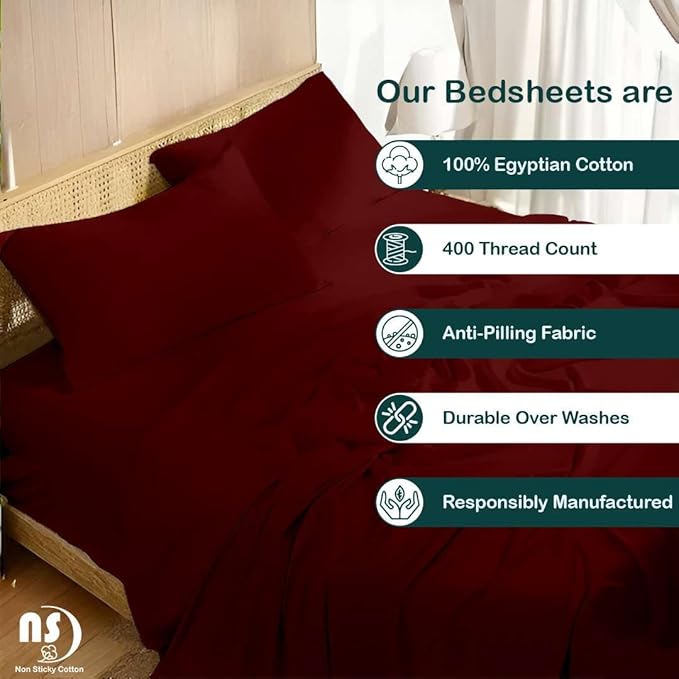 NON Sticky cotton Queen Size Sleeper Sofa Sheets, 4 Piece Egyptian Cotton Bed Sheet Set for Sofa Bed, 7" Deep Pocket for Pull Out Couch Mattress, 60" x 75", Burgundy Solid, Soft & Breathable