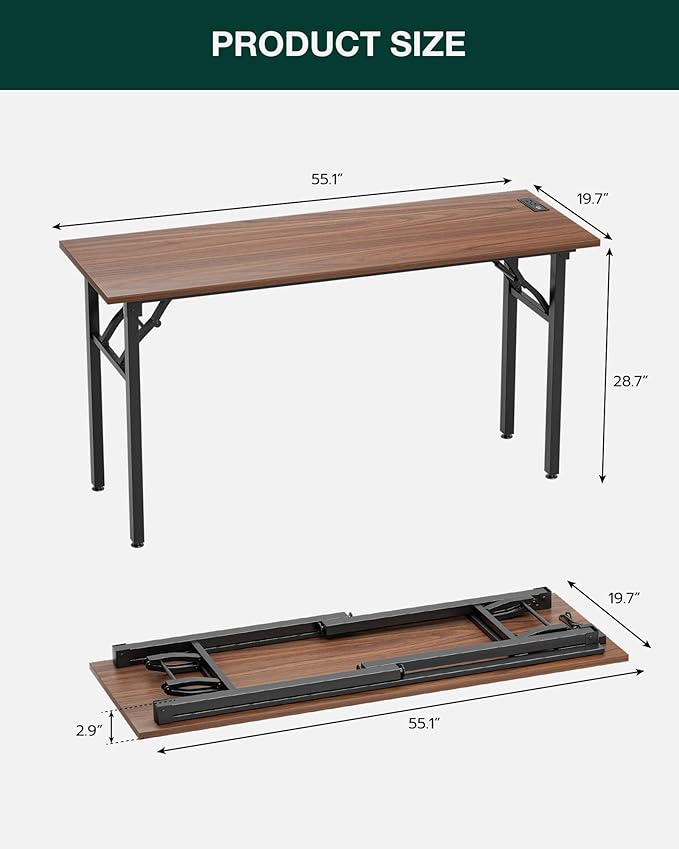 Frylr Small Folding Computer Desk – 55.1 Inch Portable Table for Craft and Study, Lightweight Desk for Small Spaces, Foldable Laptop Table Built-in AC/USB Outlets for Convenience, Dark Walnut