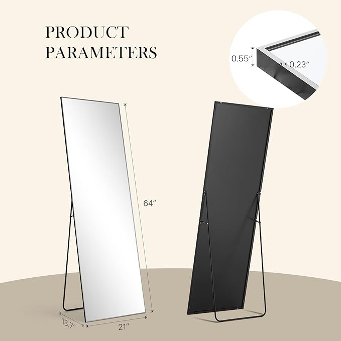 NEWBULIG 64"x21" Full Length Mirror, Full Body Floor Mirror with Aluminum Alloy Thin Frame, Wall or Standing Mirror for Bedroom, Living Room, Dressing Room, Black
