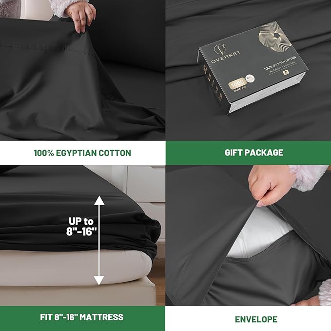 100% Egyptian Cotton Sheets Cal King Sheet Set 1000 Thread Count Sateen Weave Soft Breathable 16-Inch Deep Pocket 4PCS（California King,Black）