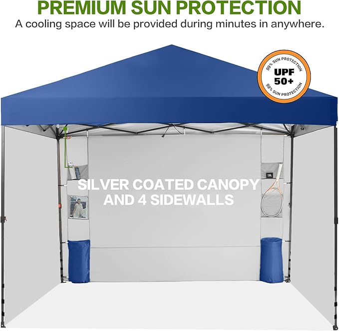 Tunbne 10X10 Comercial Pop Up Canopy Tent with 4 Sidewalls and 6 Pockets, One Push Setup Center Lock, for Beach Patio Outdoor, Case, 8 Stakes, 4 Ropes, 4 Sandbags (Sapphire Blue)
