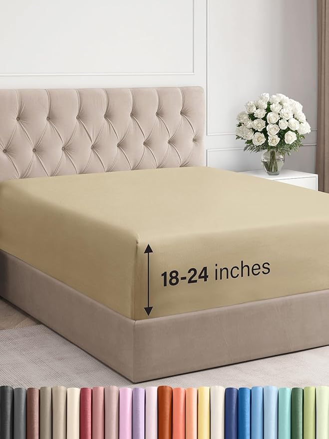 Extra Deep Full Fitted Sheet - Hotel Luxury Single Fitted Sheet Only - Easily Fits 18 inch to 24 inch Mattress - Ultra Soft, Wrinkle Free w/Extra Deep Pockets - Easy-Care, Breathable & Comfy - Beige