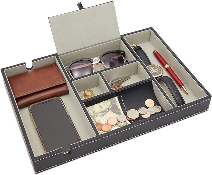 Juvale Nightstand Organizer Tray - 14 x 10 x 1.5 in, Black Faux Leather - Valet Tray for Men with 6 Compartments for Watch, Jewelry & Keys