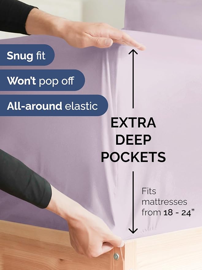 Extra Deep King Fitted Sheet - Hotel Luxury Single Fitted Sheet Only - Easily Fits 18 inch to 24 inch Mattress - Ultra Soft, Wrinkle Free with Extra Deep Pockets - Breathable & Comfy - Light Lavender